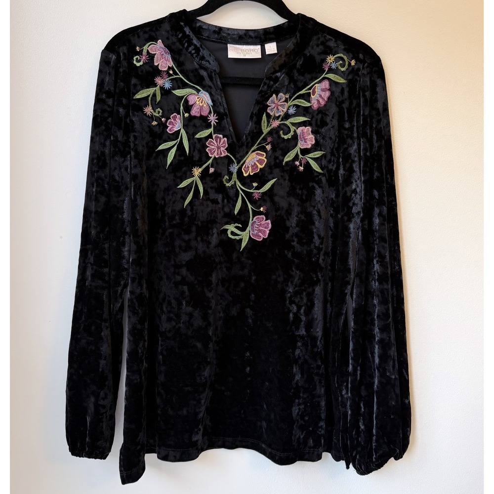 Belle Boho Kim Gravel Velvet Burnout  Embroidered Top Black Whimsigoth Festival